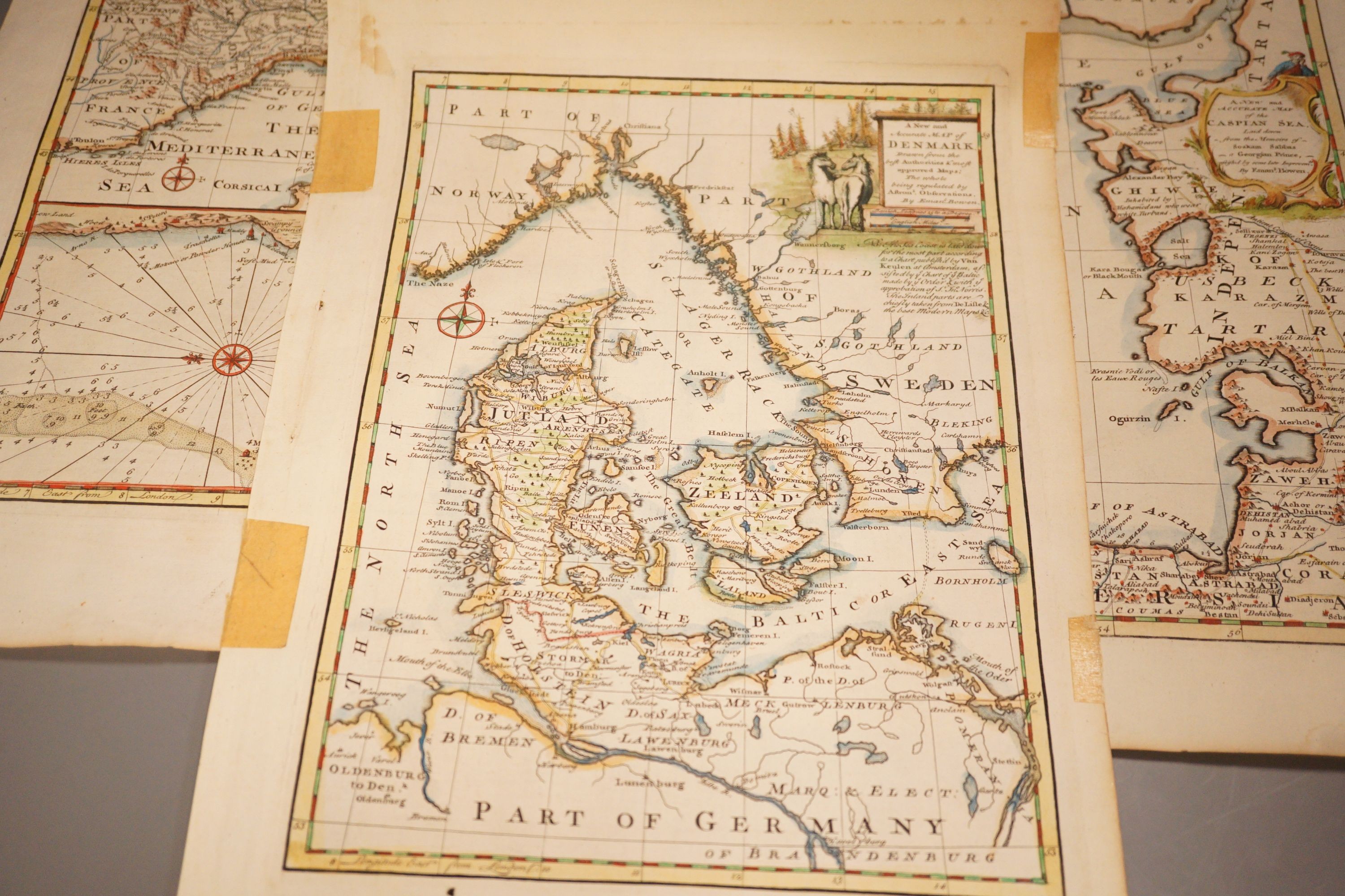A group of 18th century unframed maps of Europe by Emanuel Bowen, Cassini etc. largest 45 cm X 60 cm